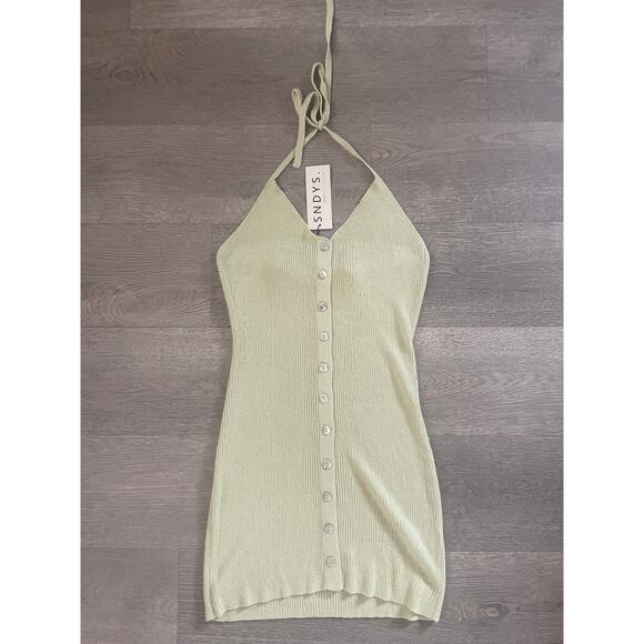 NWT Sndys Arles Halter Mini Dress XL Pear Sage Green Knit Button Front Bodycon - Picture 5 of 11